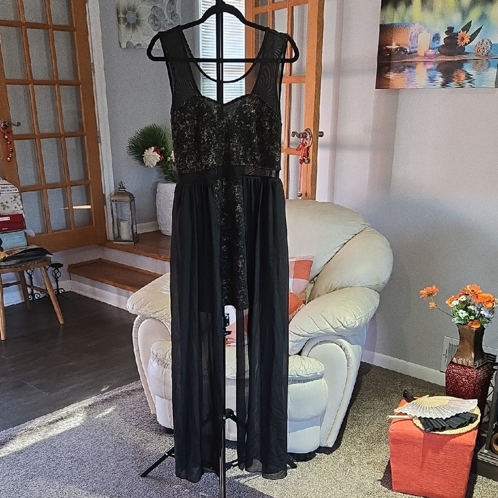 Material Girl Black And Gold Dress With Long Sheer Overlay